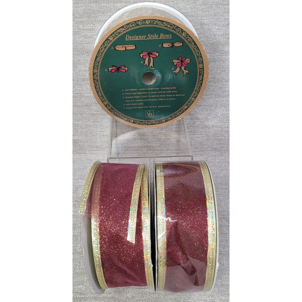 Sams Club Wired Ribbon Spools Burgundy Gold Christmas 2.5 Inch‎ 50 Yard Lot of 3